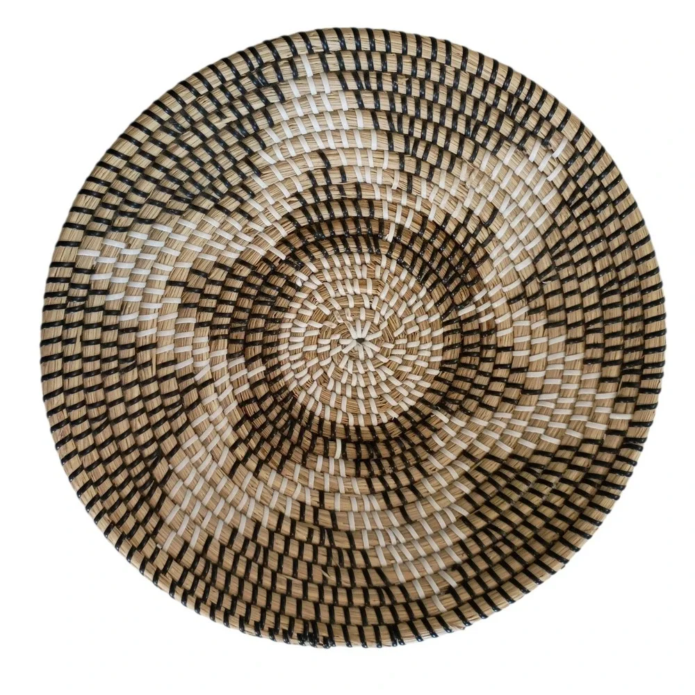 Handwoven Seagrass Coiled Wall Basket‎ Black White Spiral Boho Decor 14.5 Inch